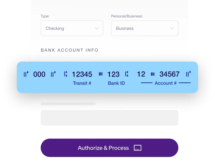 A bank account payment form showing transit number, bank ID and account number with an Authorize & Process button