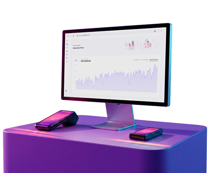 Helcim dashboard on desktop with payment terminal and card reader