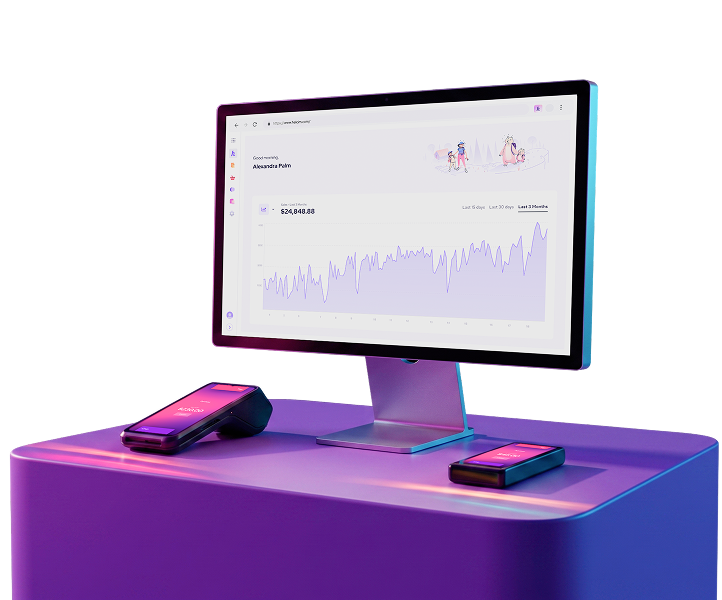 Helcim dashboard on desktop with payment terminal and card reader