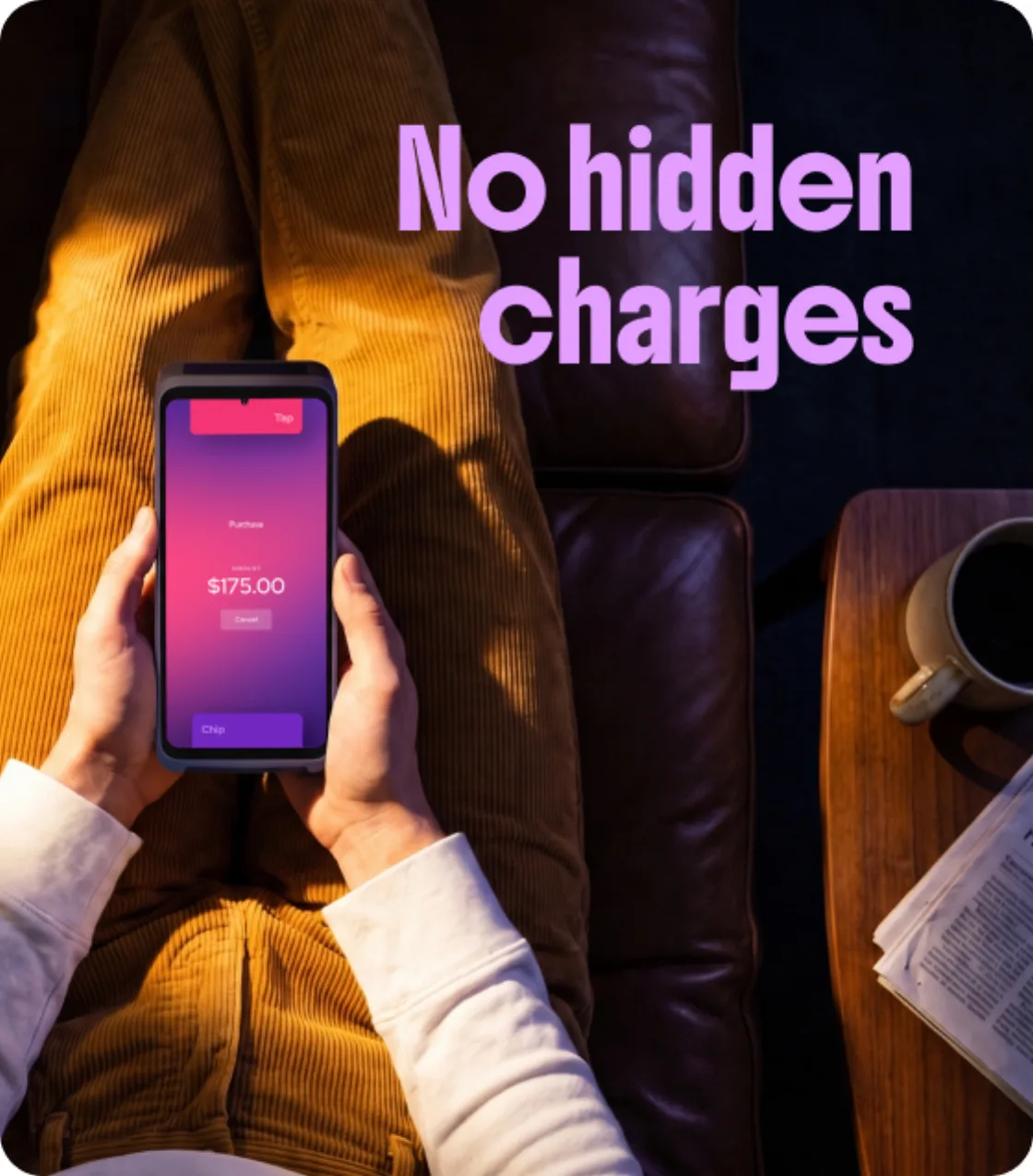 No hidden charges — accepting a $175.00 payment on a Helcim card reader