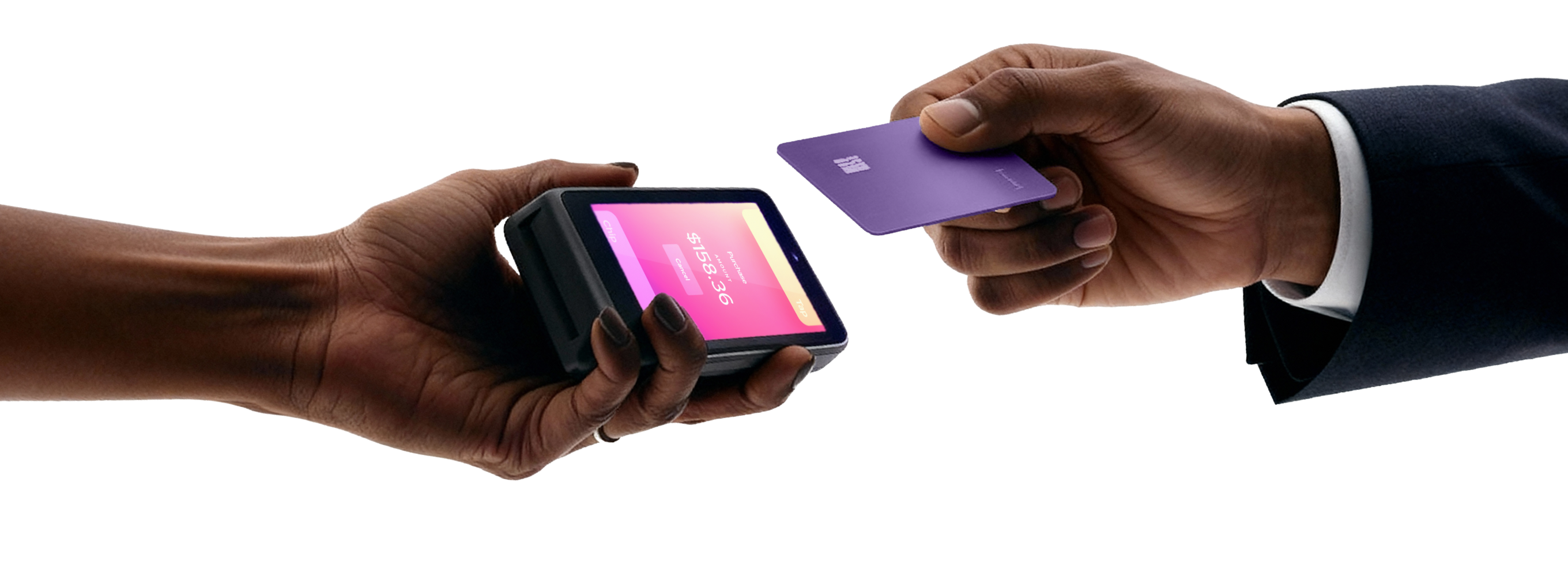 Hands holding the Helcim Card Reader and a credit card