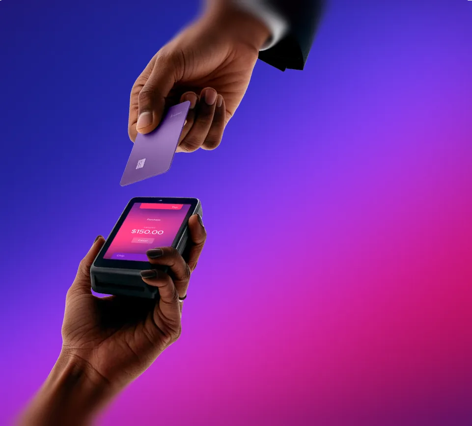 A hand taps a credit card to the Helcim Card Reader showing a $150.00 purchase