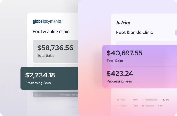 Comparison of payment processing fees showing Helcim's lower total sales fees versus a competitor for a foot and ankle clinic
