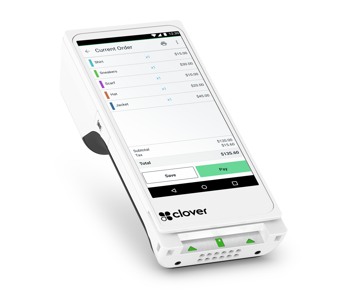 Clover Flex — 5.99-inch touchscreen handheld POS with built-in printer and barcode scanner