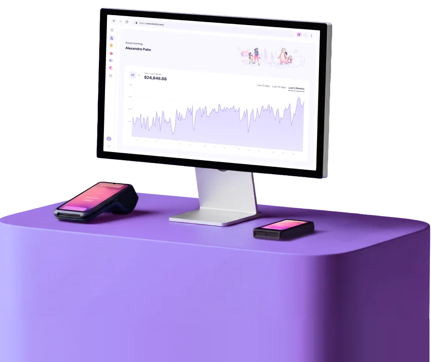 Helcim dashboard on desktop with payment terminal and card reader