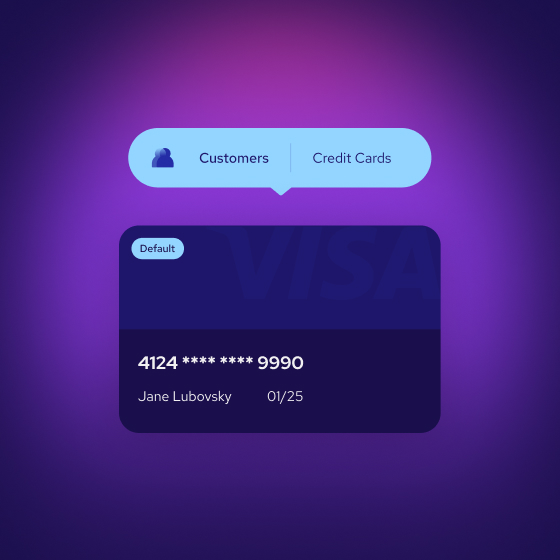 A stored customer credit card in Helcim's vault, shown under the Customers and Credit Cards tabs