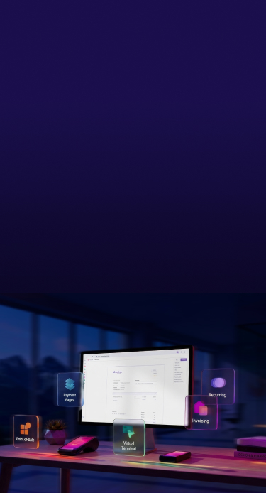 A desk with the Helcim dashboard on a monitor in a modern office, surrounded by floating product tiles — Point of Sale, Payment Pages, Virtual Terminal, Invoicing and Recurring — plus a card reader and phone