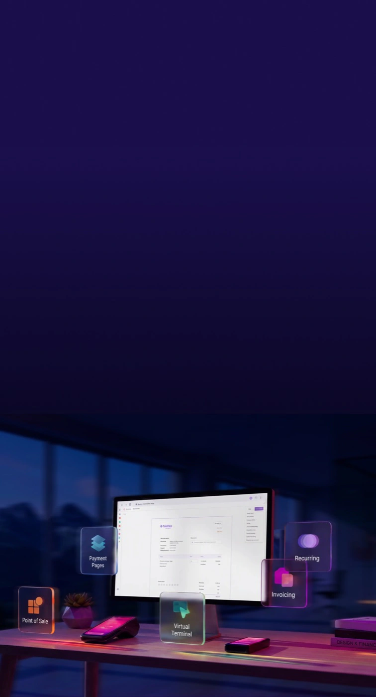 A desk with the Helcim dashboard on a monitor in a modern office, surrounded by floating product tiles — Point of Sale, Payment Pages, Virtual Terminal, Invoicing and Recurring — plus a card reader and phone