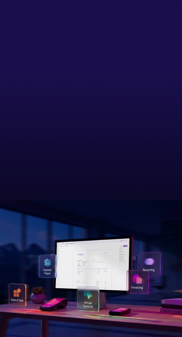 A desk with the Helcim dashboard on a monitor in a modern office, surrounded by floating product tiles — Point of Sale, Payment Pages, Virtual Terminal, Invoicing and Recurring — plus a card reader and phone
