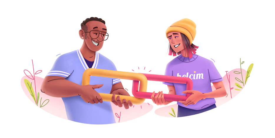 Two people holding giant links illustration