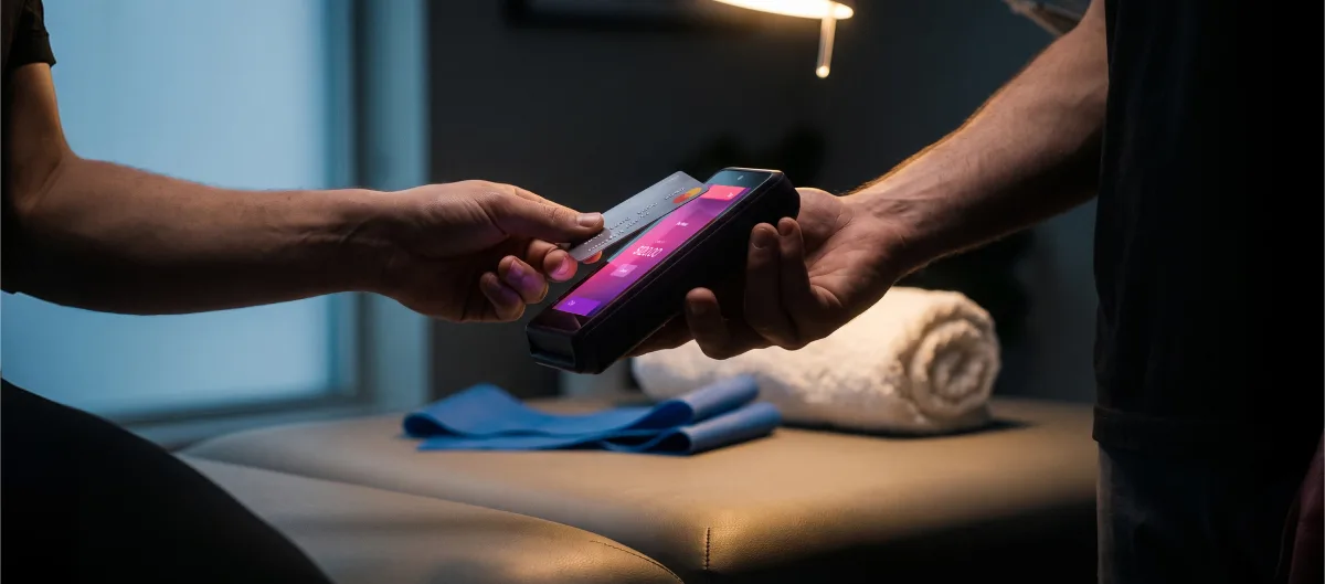 A therapist accepts a card payment on the Helcim Card Reader from a client
