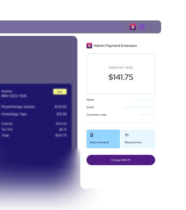 Helcim Payment Extension interface showing invoice and payment processing