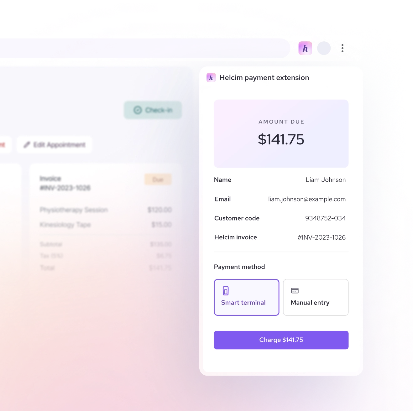 Helcim Payment Extension interface showing invoice and payment processing