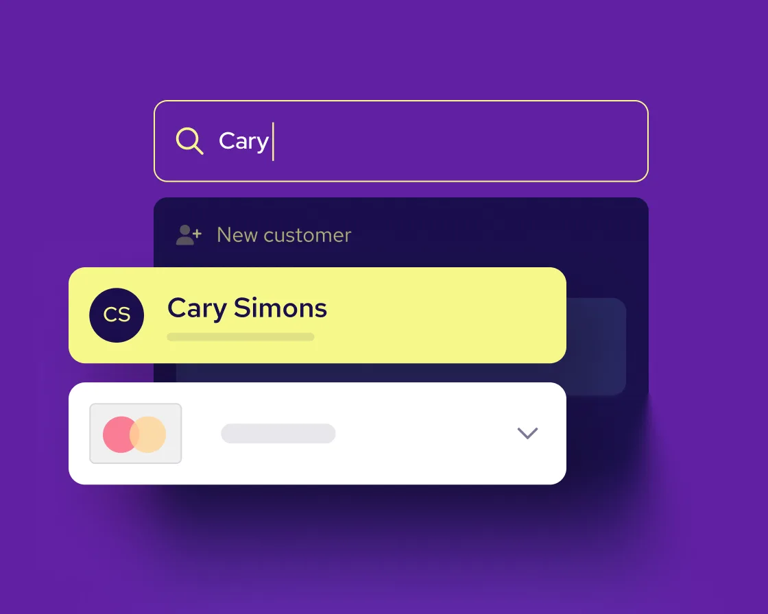 Helcim Virtual Terminal: searching a customer and selecting their saved card on file