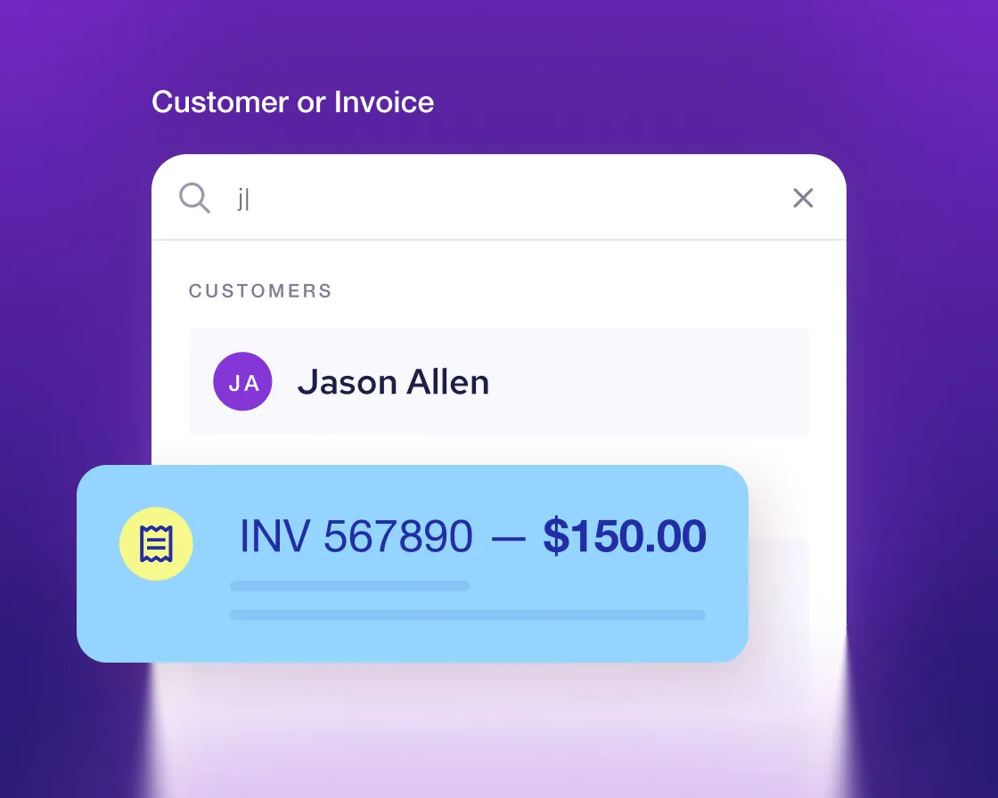 Helcim Virtual Terminal: selecting a customer with due invoices ready to collect