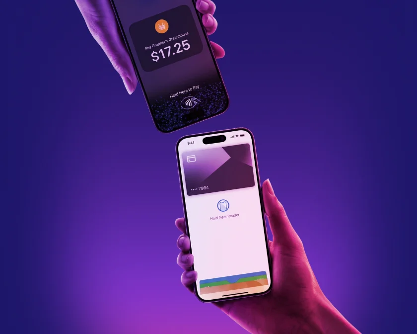 One iPhone accepting a contactless payment from another iPhone with Tap to Pay