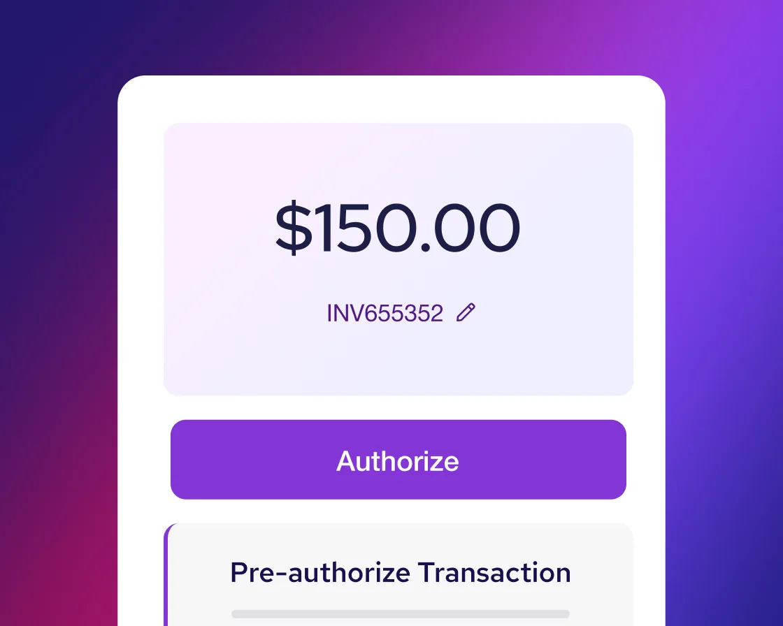 Helcim Virtual Terminal: pre-authorizing a $150.00 payment on an invoice