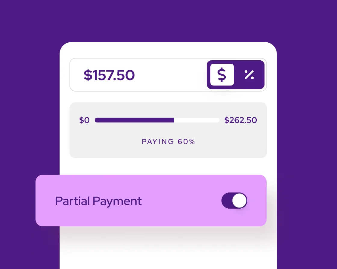 Helcim Virtual Terminal: charging a 60% partial payment of a $262.50 invoice