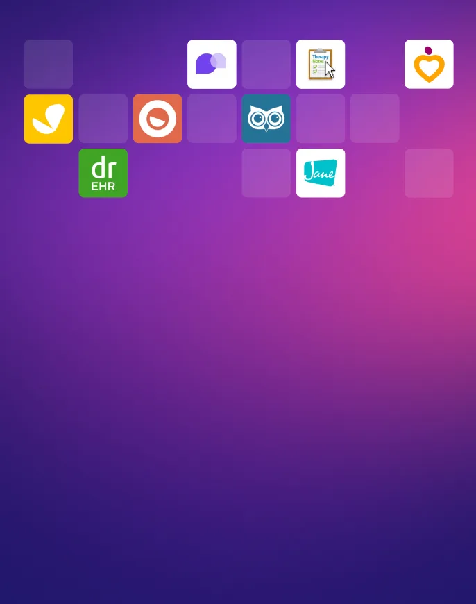 Healthcare software integration logos including Jane App, Dr. Chrono, and more