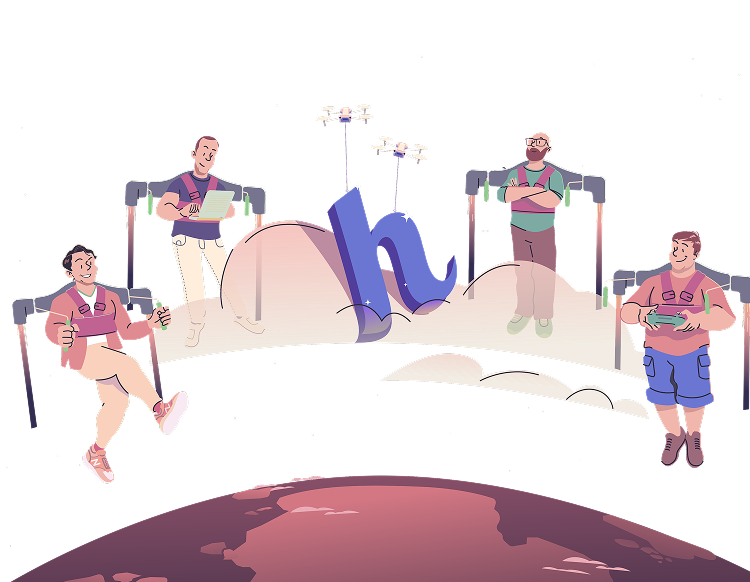 Helcim Developer API illustration with developers and drones