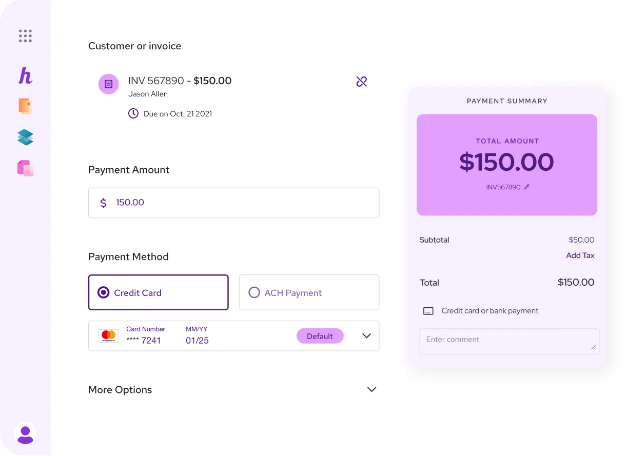 Helcim Virtual Terminal: invoice INV 567890 for $150.00 with payment method selection and payment summary