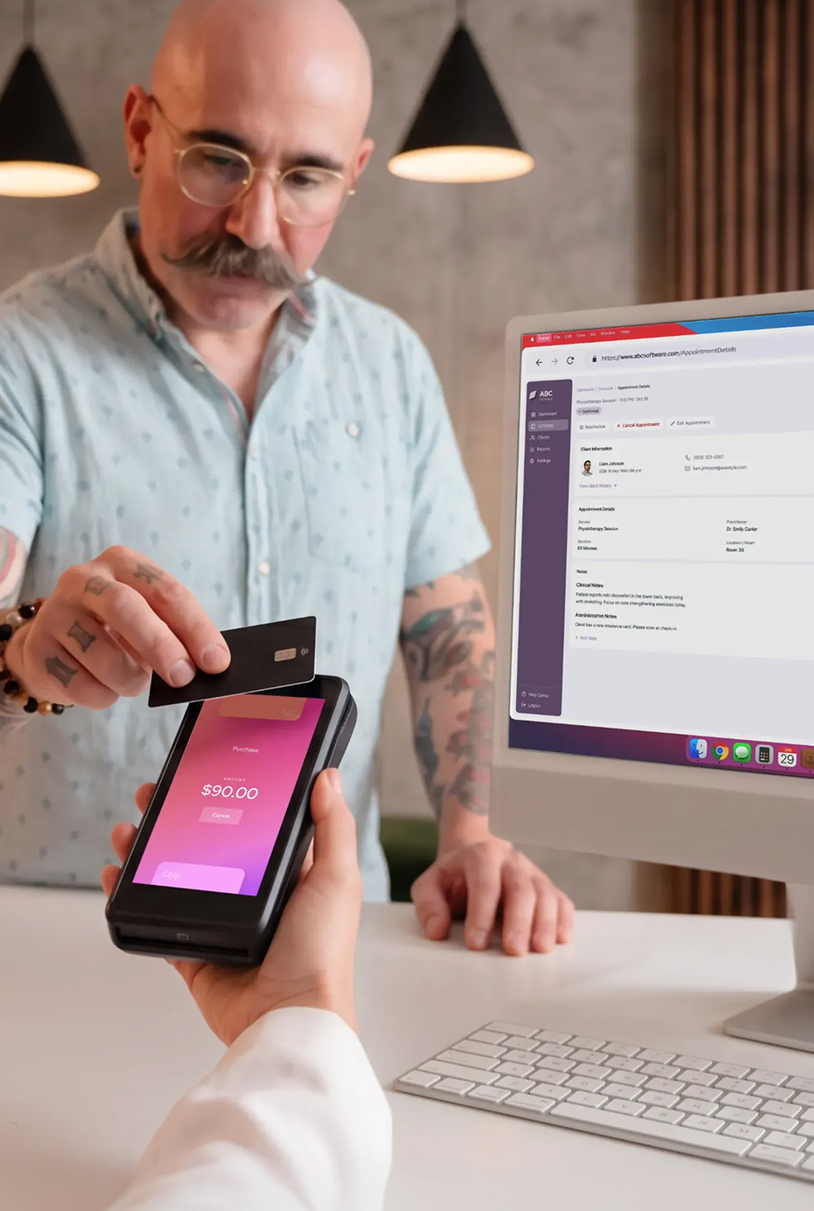 Pharmacy processing a card payment with Helcim terminal and POS system