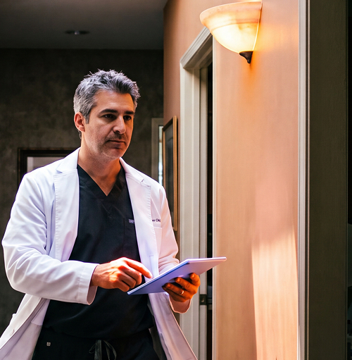 Doctor in a white coat reviewing patient notes on a tablet