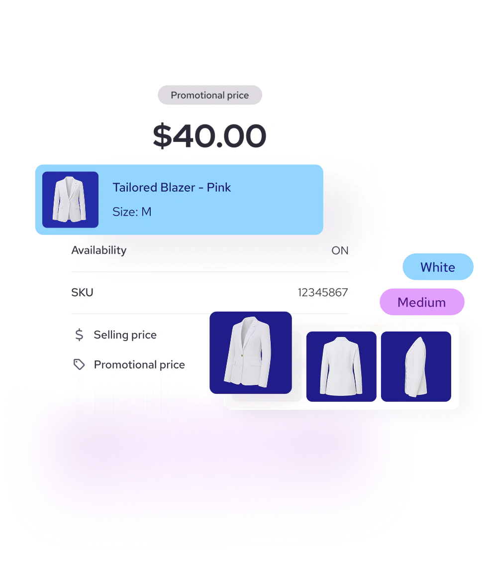 A Helcim product page showing a Tailored Blazer priced at $40.00 with SKU, availability and variant options