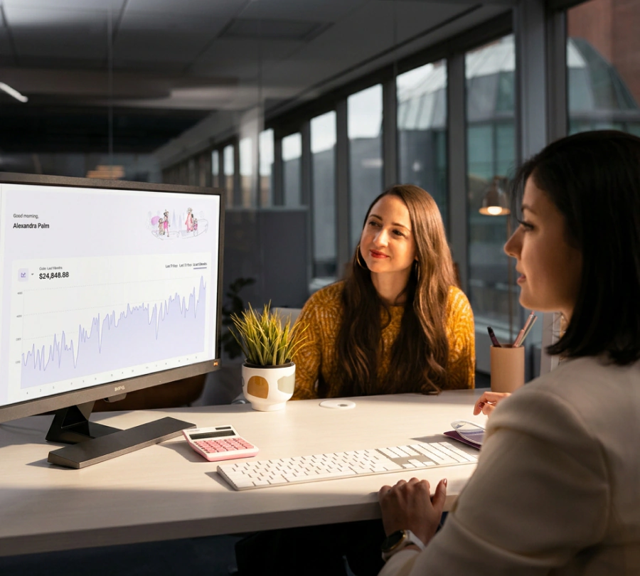 Two people reviewing online payment analytics on a desktop computer
