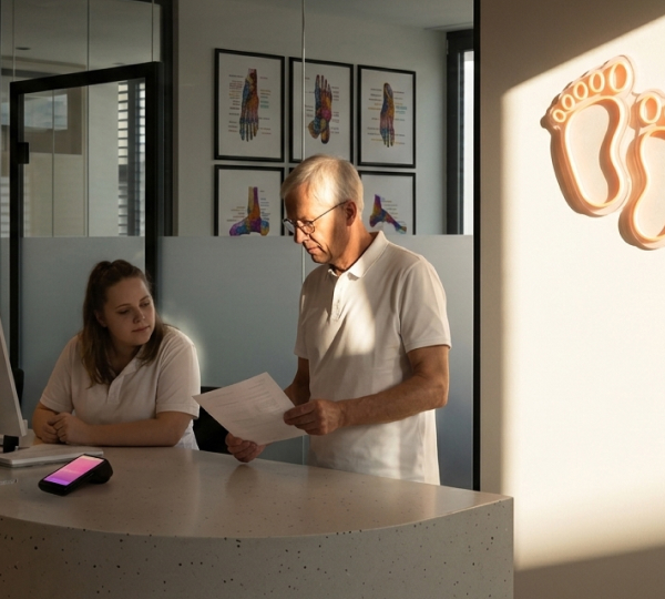 Clinic staff reviewing paperwork at the reception desk with a Helcim payment terminal