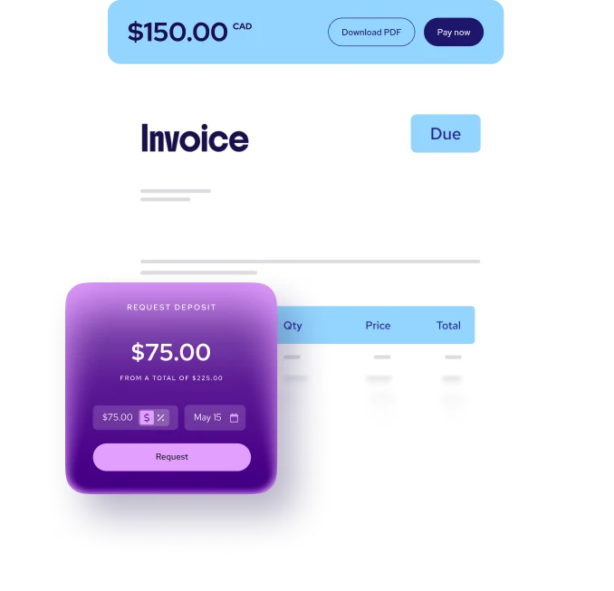A Helcim invoice for $150.00 CAD with Download PDF and Pay now buttons and a request deposit card