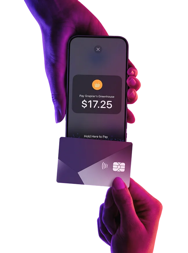 Hands holding an iPhone with Tap to Pay accepting a $17.25 contactless card payment