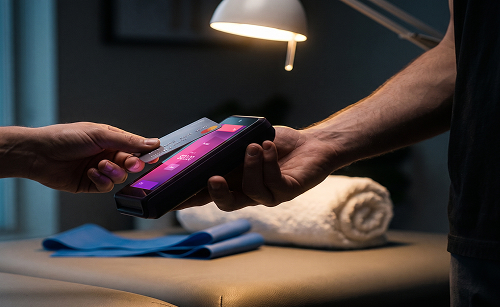 Client tapping a credit card on a Helcim payment terminal at a wellness clinic