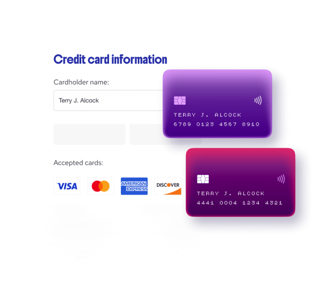 A Helcim card vault form storing credit card information for Terry J. Alcock with Visa, Mastercard, American Express and Discover accepted