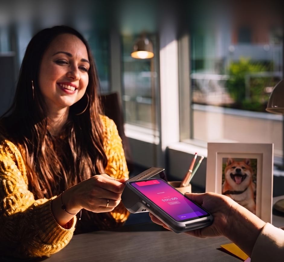 A customer paying in person by tapping their phone on a Helcim Smart Terminal