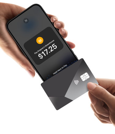Hand holding iPhone with Tap to Pay accepting a credit card payment