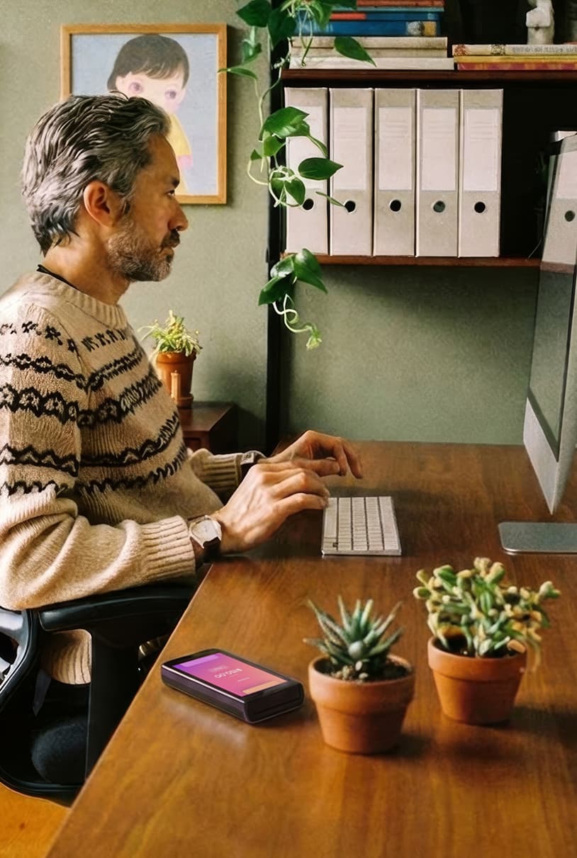 Therapist at desk with Helcim payment terminal in a cozy office