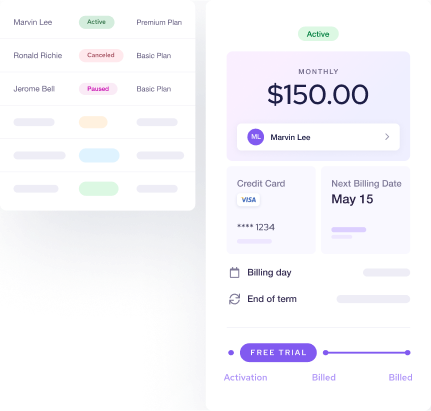 Recurring payments dashboard with customer billing schedule