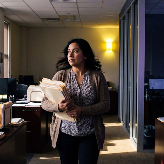 A business owner carrying invoices in their office