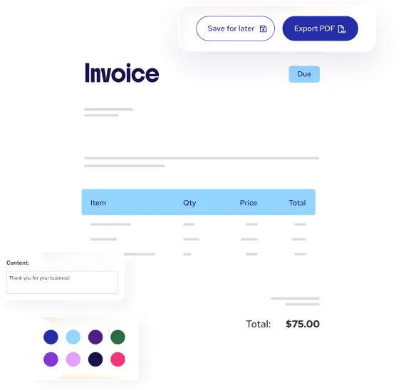 A free invoice template with Save for later and Export PDF buttons and brand colour swatches