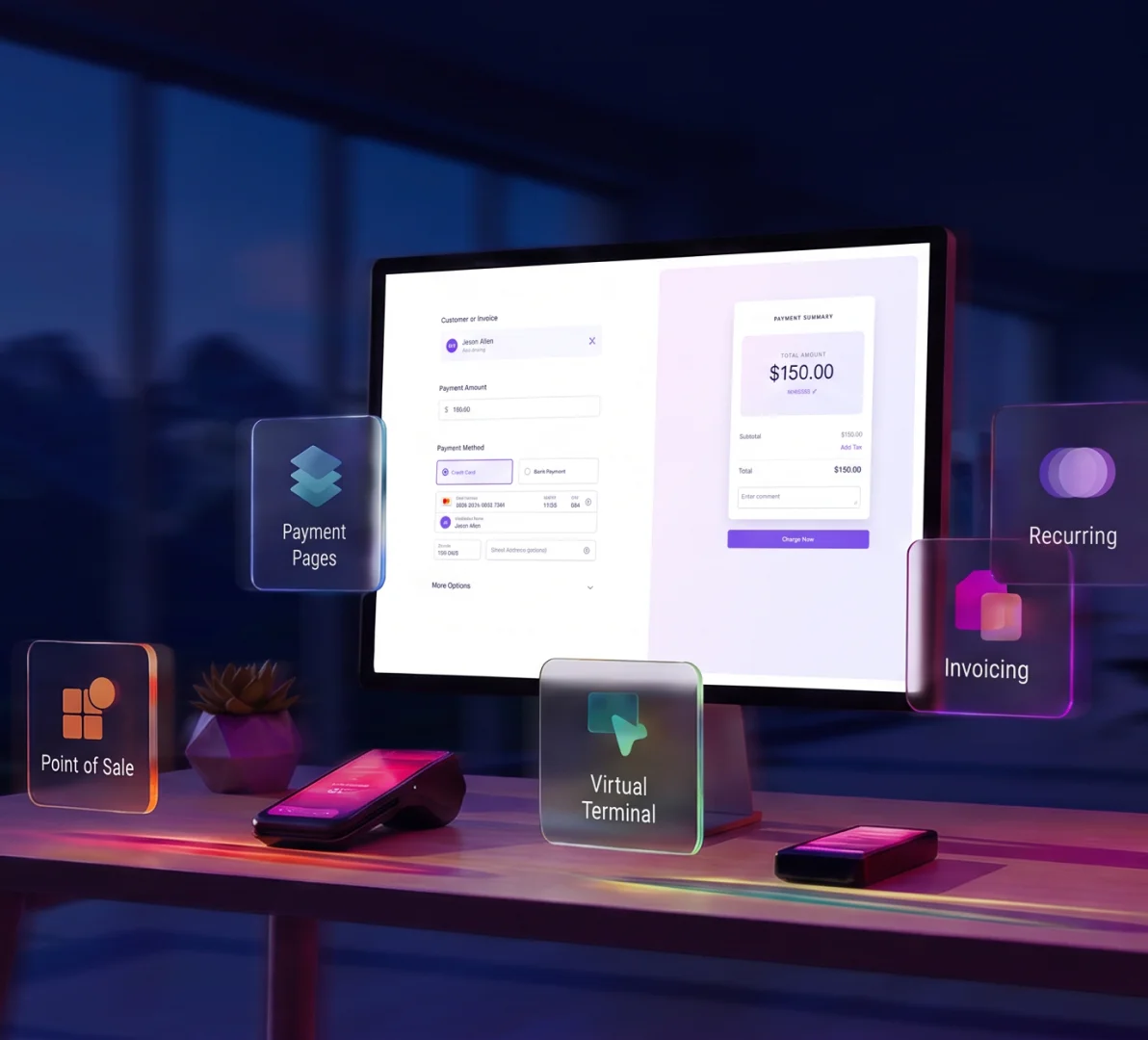 Helcim tools around the Virtual Terminal: payment pages, invoicing, recurring payments, and point of sale on one account