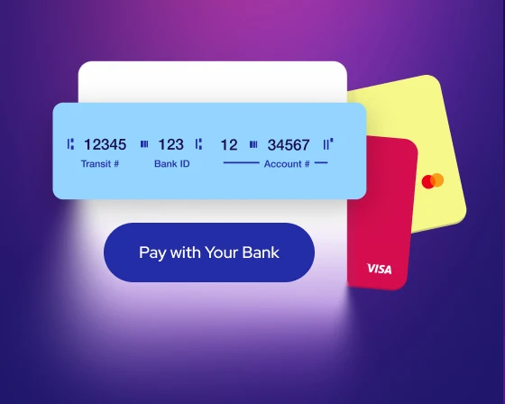 A bank account payment form with a Pay with Your Bank button and a Visa card