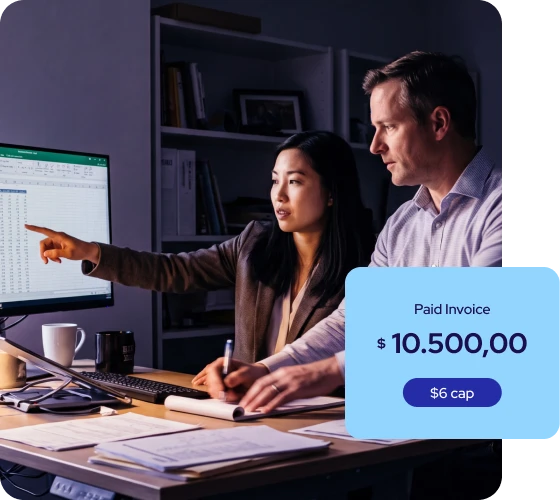 A paid invoice for $10,500.00 with a $6 fee cap over a photo of two coworkers