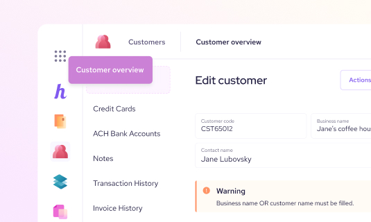 Helcim customer data management dashboard showing organized customer profiles