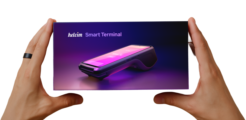 Hands holding a tablet showing the Smart Terminal walkthrough