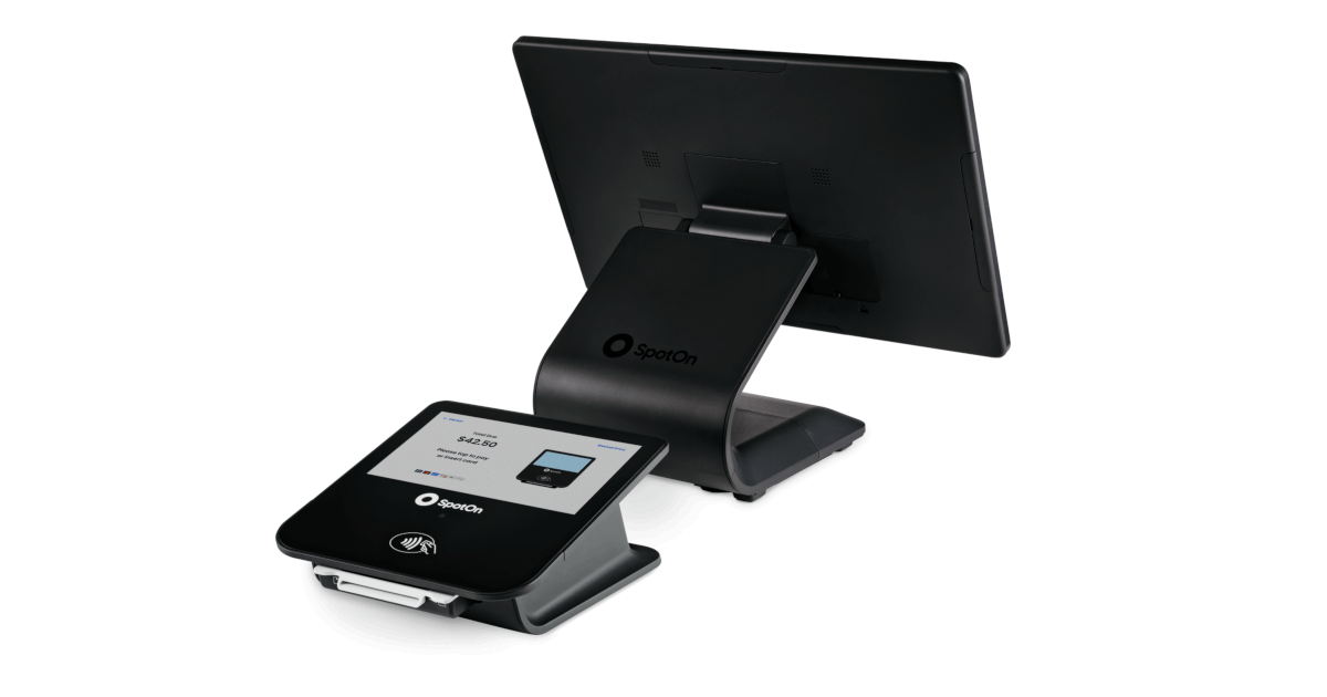 SpotOn restaurant POS station with customer-facing payment terminal