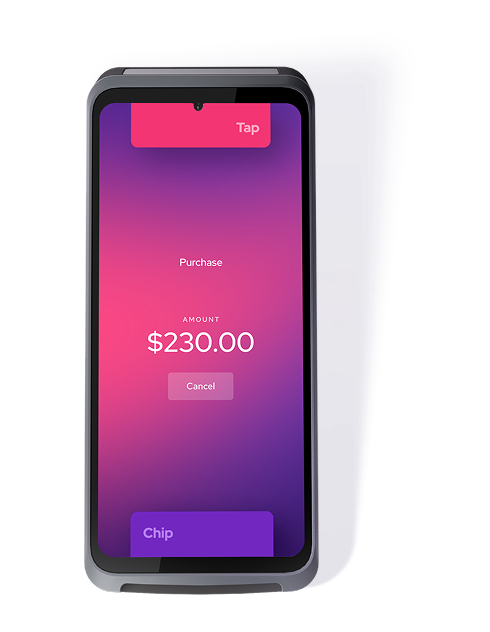 Helcim Smart Terminal showing a $230.00 purchase