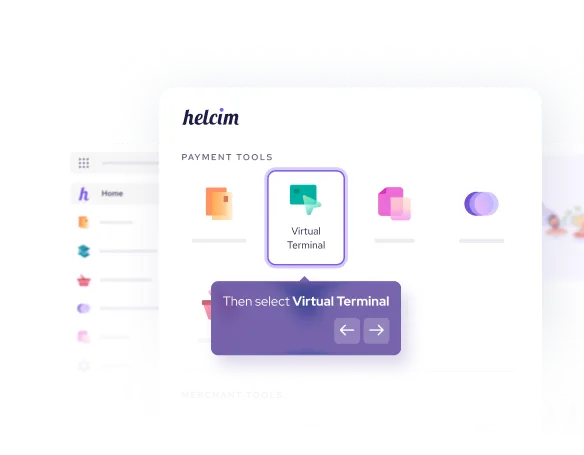 Virtual tour illustration showing Helcim payment tools dashboard