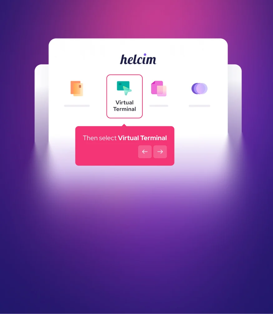 Helcim payment tools dashboard showing how to select the Virtual Terminal