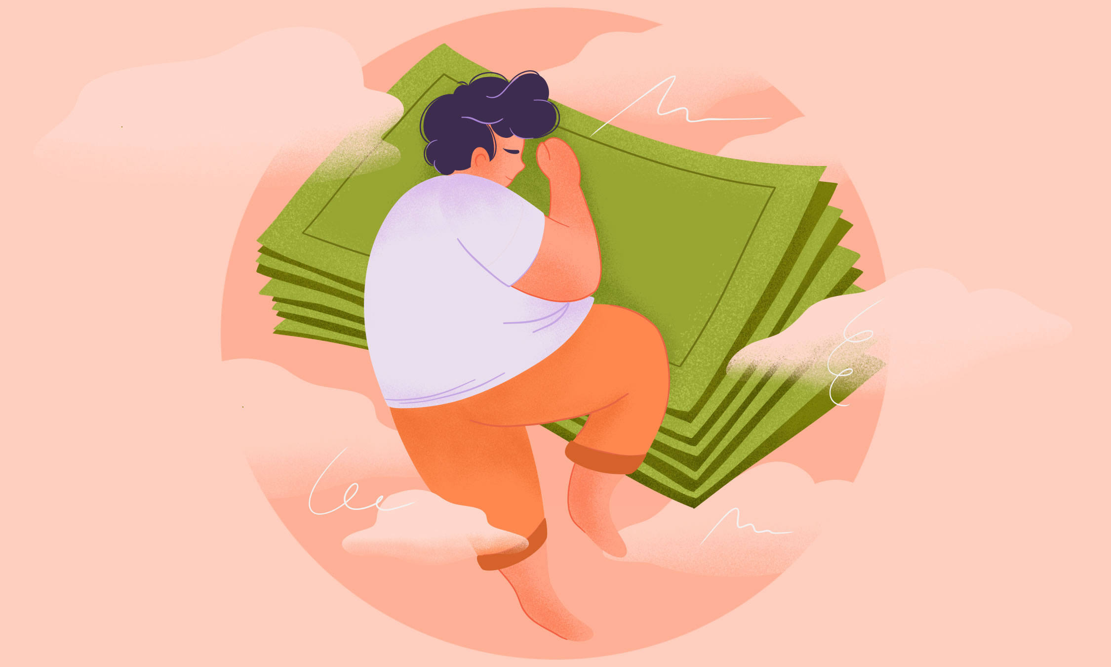 Pink background with clouds over pink moon and a depiction of a black-haired person with orange pants and a white shirt sleeping on a pillow of cash. 